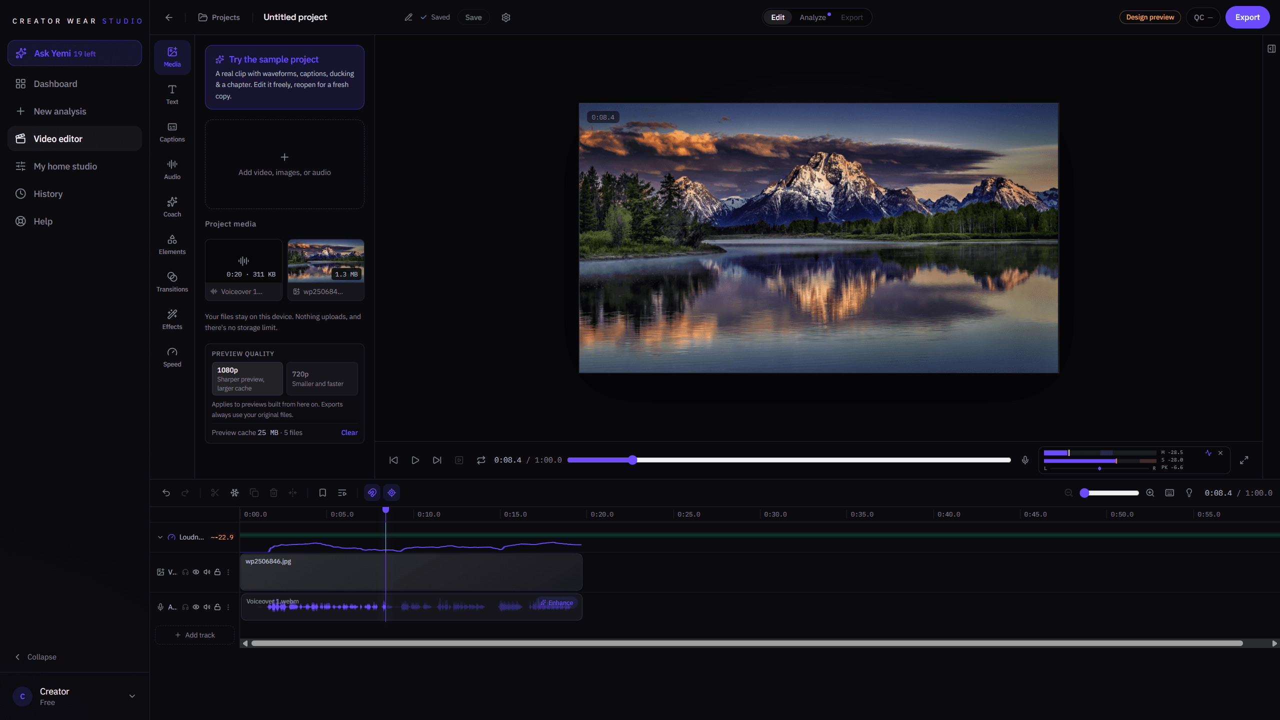 The Creator Wear Studio editor: media library, preview, and a multitrack timeline with video and audio tracks.